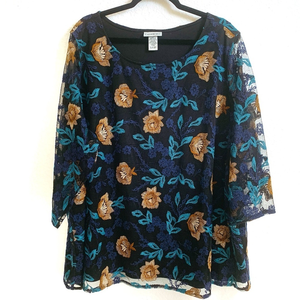 Catherines Top 3X Embroidered Floral Artsy Cottage Core Boho Whimsy Fairy Core